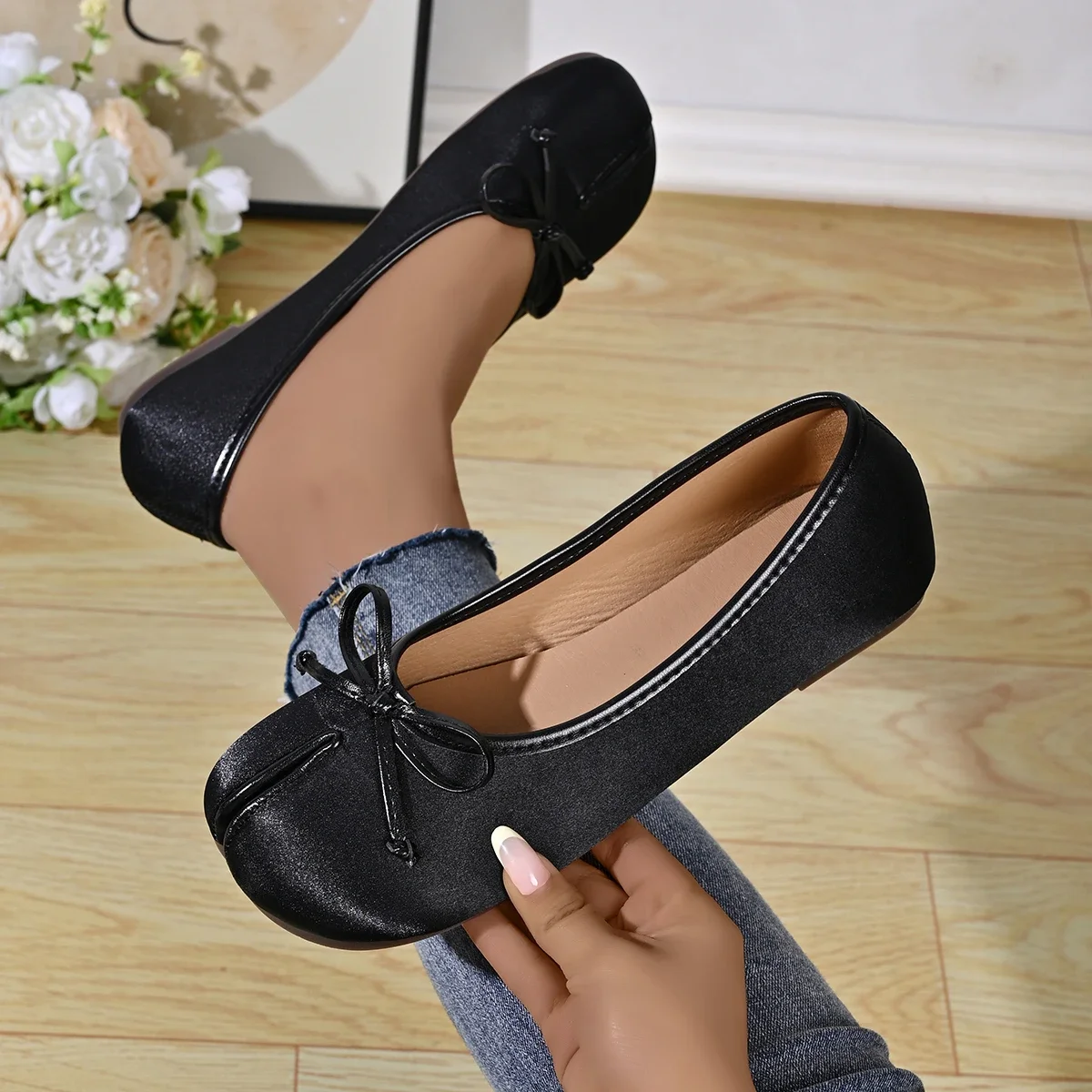 Weiche Ballerinas mit geteilter Zehenpartie für Damen, mit Schleife, aus Leder, runde Zehenpartie, Ballerinaschuhe mit niedrigem Absatz, Slip-on-Loafer, lässig, 2026 – Detail 22