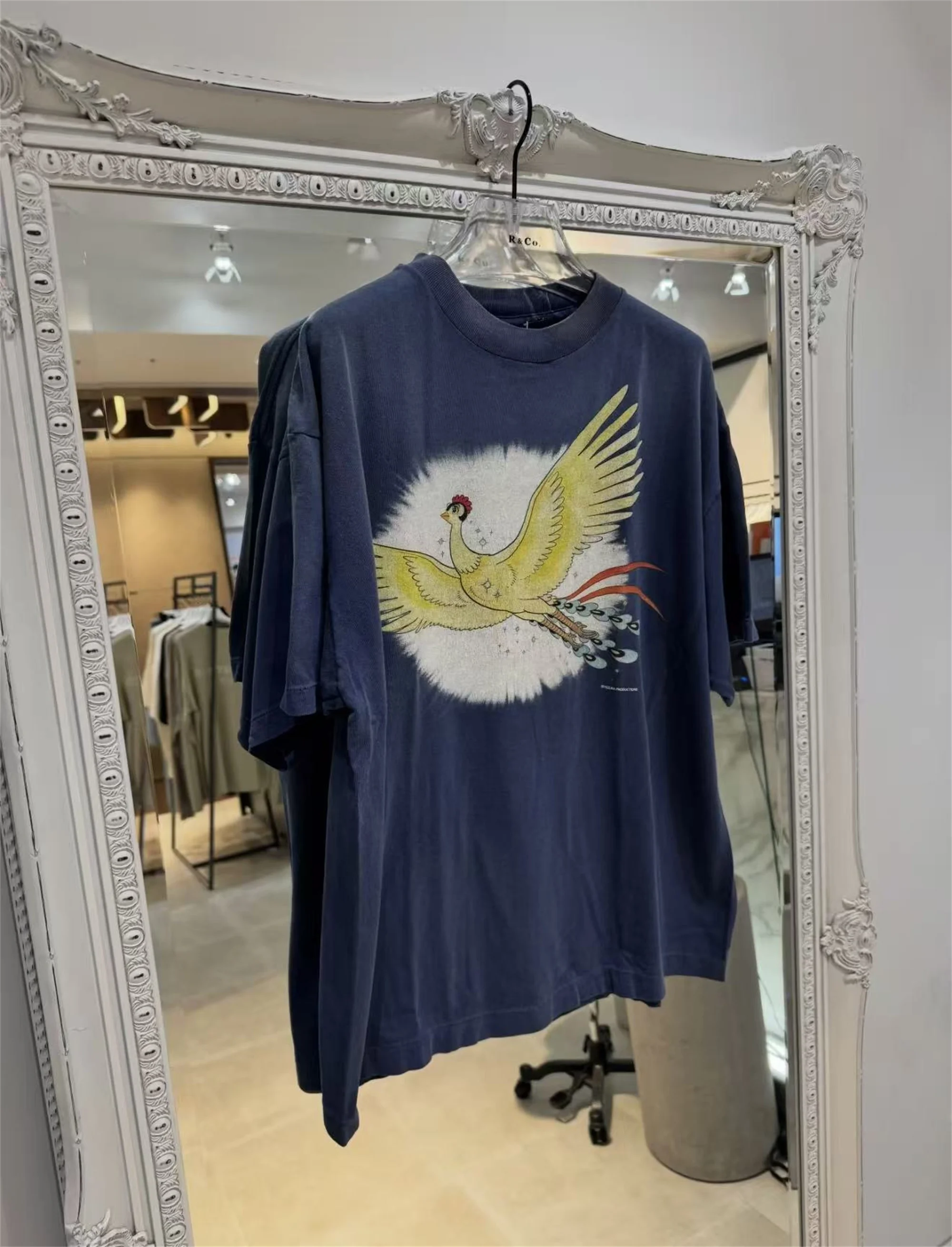 SAINT Mx6 × Phoenix Co Brand Retro Vintage FW26 Firebird Phoenix Wings Pattern Letter Print Round Neck Pullover Washed TEE