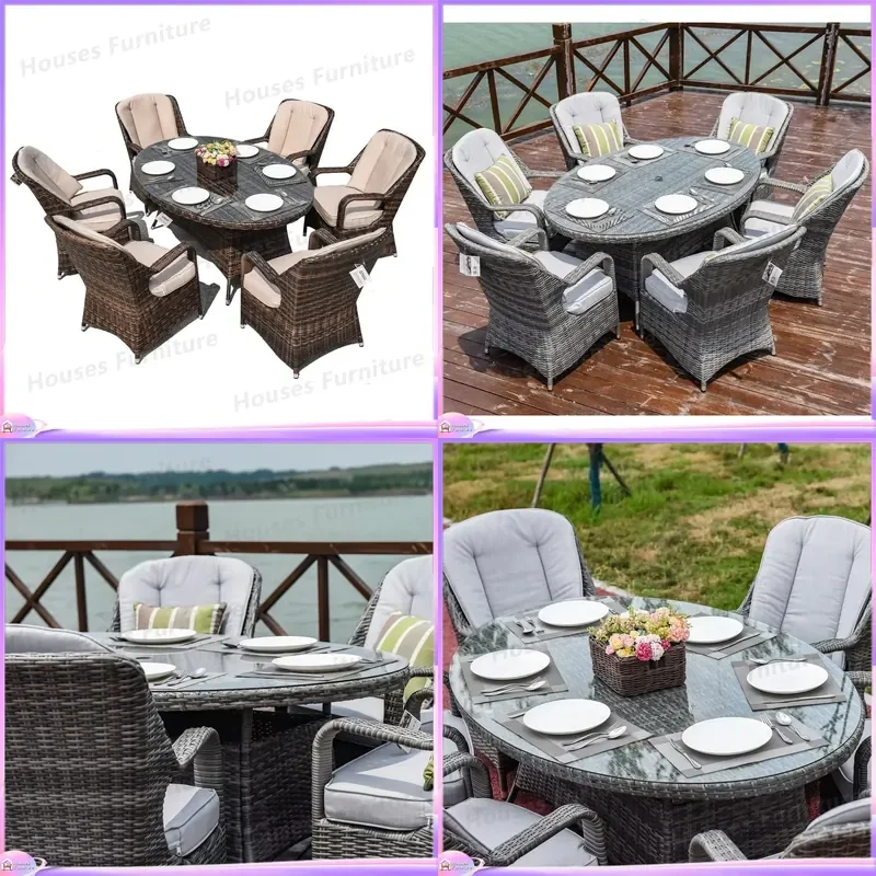 Outdoor Rattan Dining Set 6 Chairs Table Woven Rope Wooden Garden Furniture Patio Recliner Set Exterior Lawn Balcony Decor