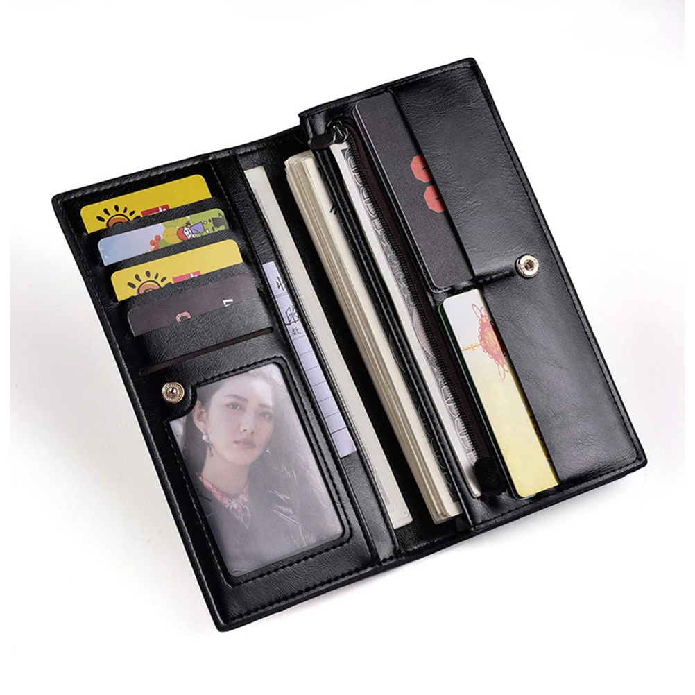 

Men'S Large Capacity Pu Long Wallet Id Window Credit Card Slots Bill Compartments Black Retro Style Soft Wallet