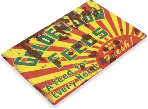 GOLDEN SUN FEEDS TIN SIGN A FEED FOR EVERY NEED ALWAYS FRESH ESTHERVILLE-Aluminum