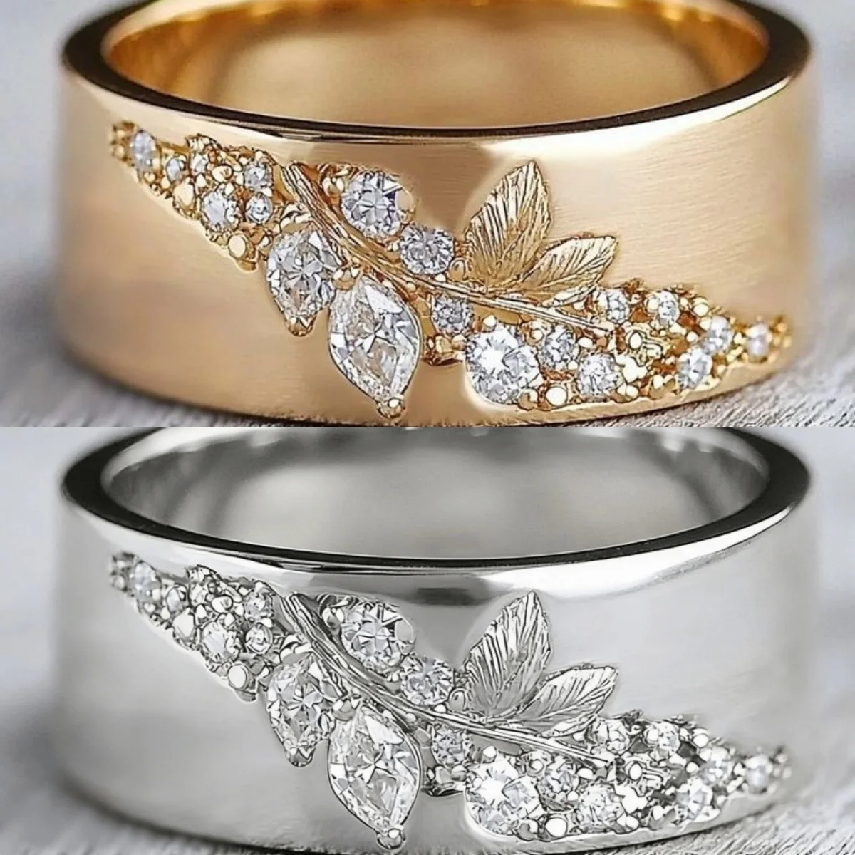 Exquisiter breiter Ring mit pflanzlichem Texturdesign und funkelndem synthetischem Zirkonia für Damen, elegantes Schmuckzubehör für Hochzeitstag