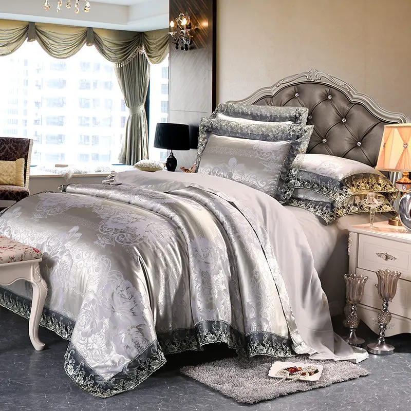 Luxury Jacquard Bedding Set Tencel Modal Duvet Cover 4PCS with Lace Satin Bed Sheet Pillowcases King and Queen Size Home Textile