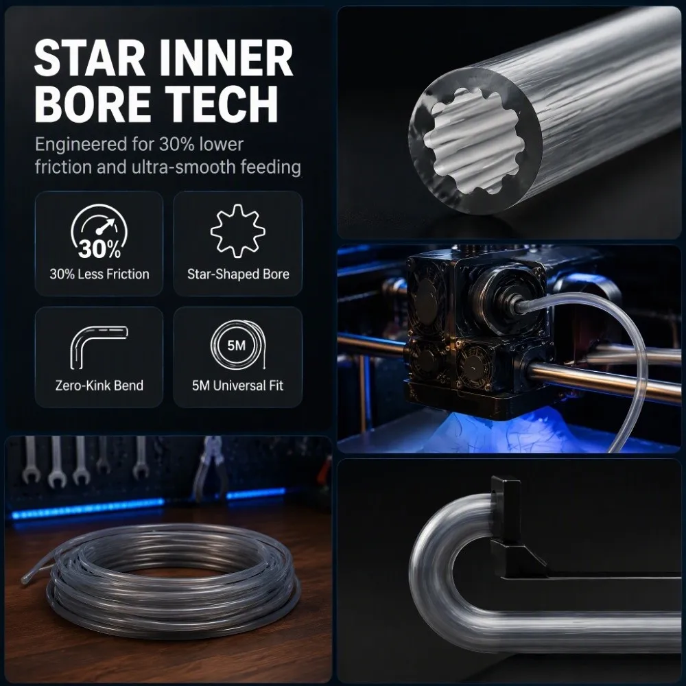 Upgraded Star Inner Bore Star Shaped PTFE Tube 5M Length Smooth Flow PTFE Tubing Kit 3D Printer Tubing Filament Feeding