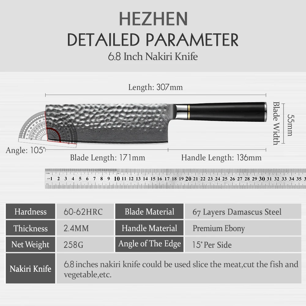 Kitchen Knife 6.8\'\' Nakiri Knife Japanese Damascus Steel Butcher Meat Cleaver Vegetable Knives Cooking Cutter Ebony Handle