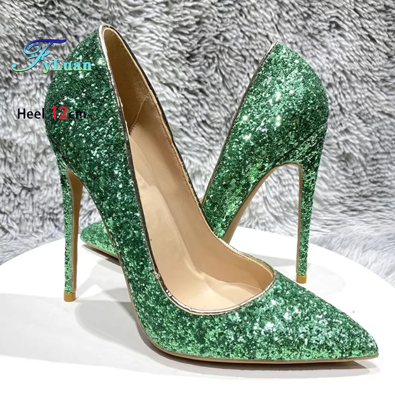 Green Glitter Sequin High Heels 8CM 10CM 12CM Stiletto Sexy Pointed Club Party Shoes Women Shallow Slip-On Fashion Elegant Pumps