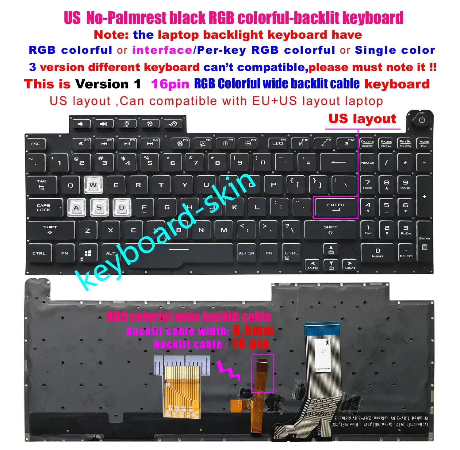 US Version 1 16pin RGB Colorful wide cable backlit Keyboard For Asus ROG Strix G712 G712L G731 G731G G732 G732L G732LWS G732G