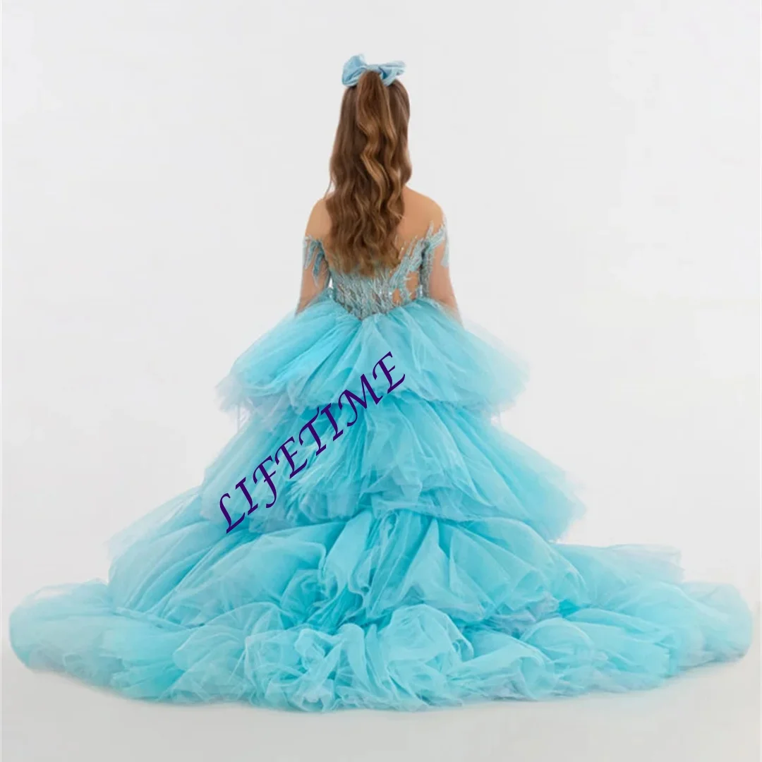 تخصيص زهرة بسيطة طويلة الأكمام ألف خط قطار الاجتياح فستان التواصل الأول طول الأرض أنيقة زهرة فتاة ثوب Cutsomized #5