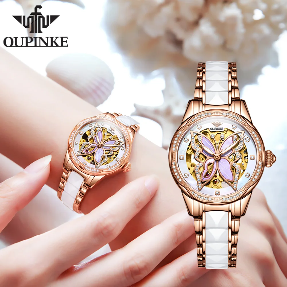 OUPINKE 3239 Original Women\'s Watches Hollow Out Butterfly Diamond Bezel Automatic Watch for Women Elegant Mechanical Wristwatch