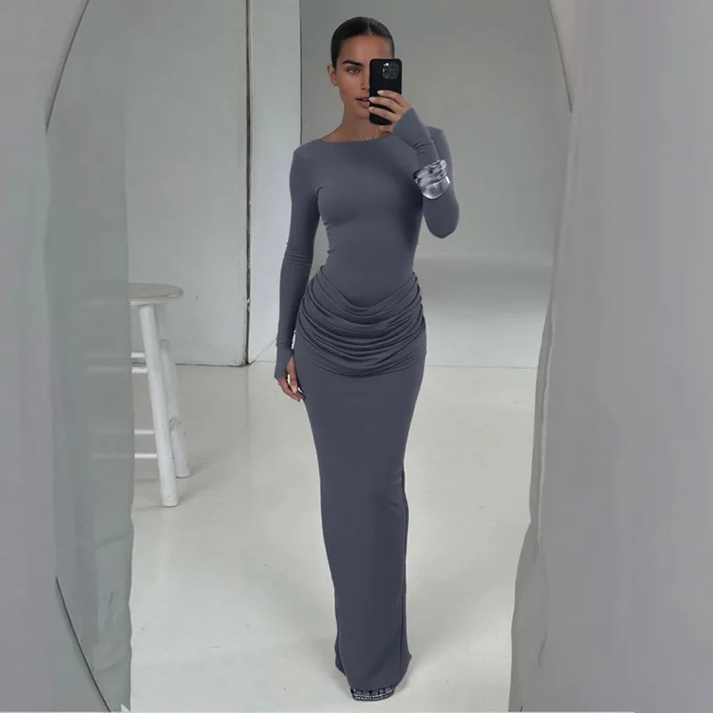 เดรสยาวรัดรูปทรงบอดี้คอน ผ้าจับจีบ แขนยาว คอทรงโอ สีดำเทาล้วน สำหรับผู้หญิง เหมาะสำหรับงานปาร์ตี้ คลับ หรือใส่เที่ยวกลางคืน รุ่น 202