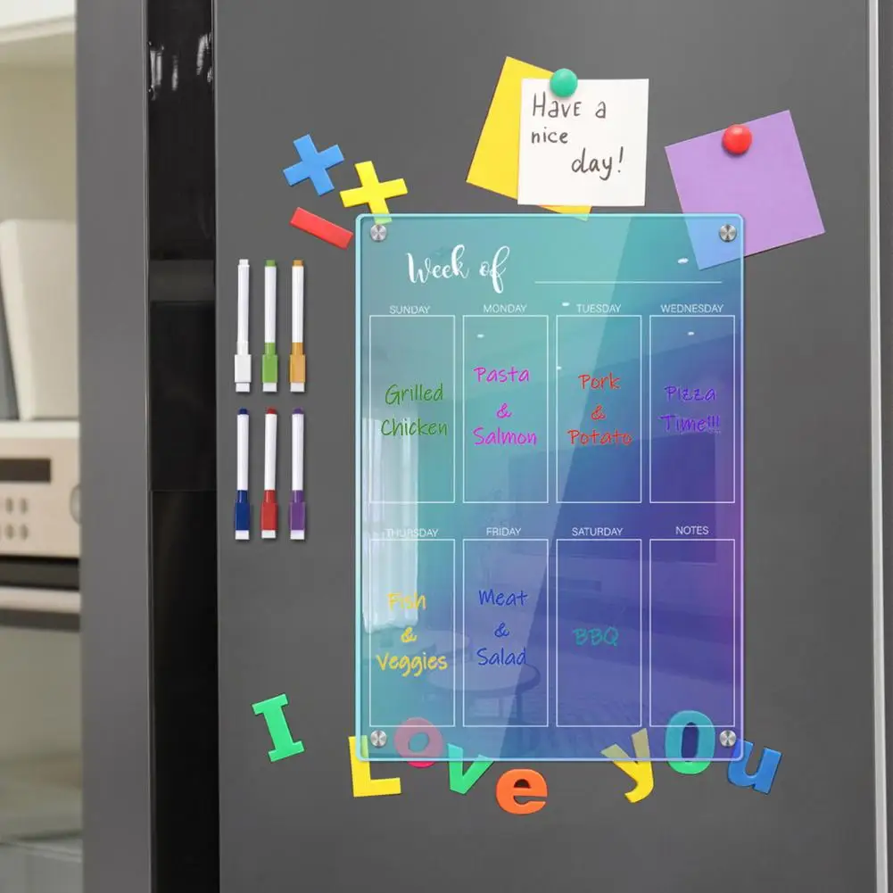 Meal Planning Board Acrylic Magnetic Calendar Magnetic Acrylic Calendar Set Colorful Dry-erase Refrigerator Family Monthly