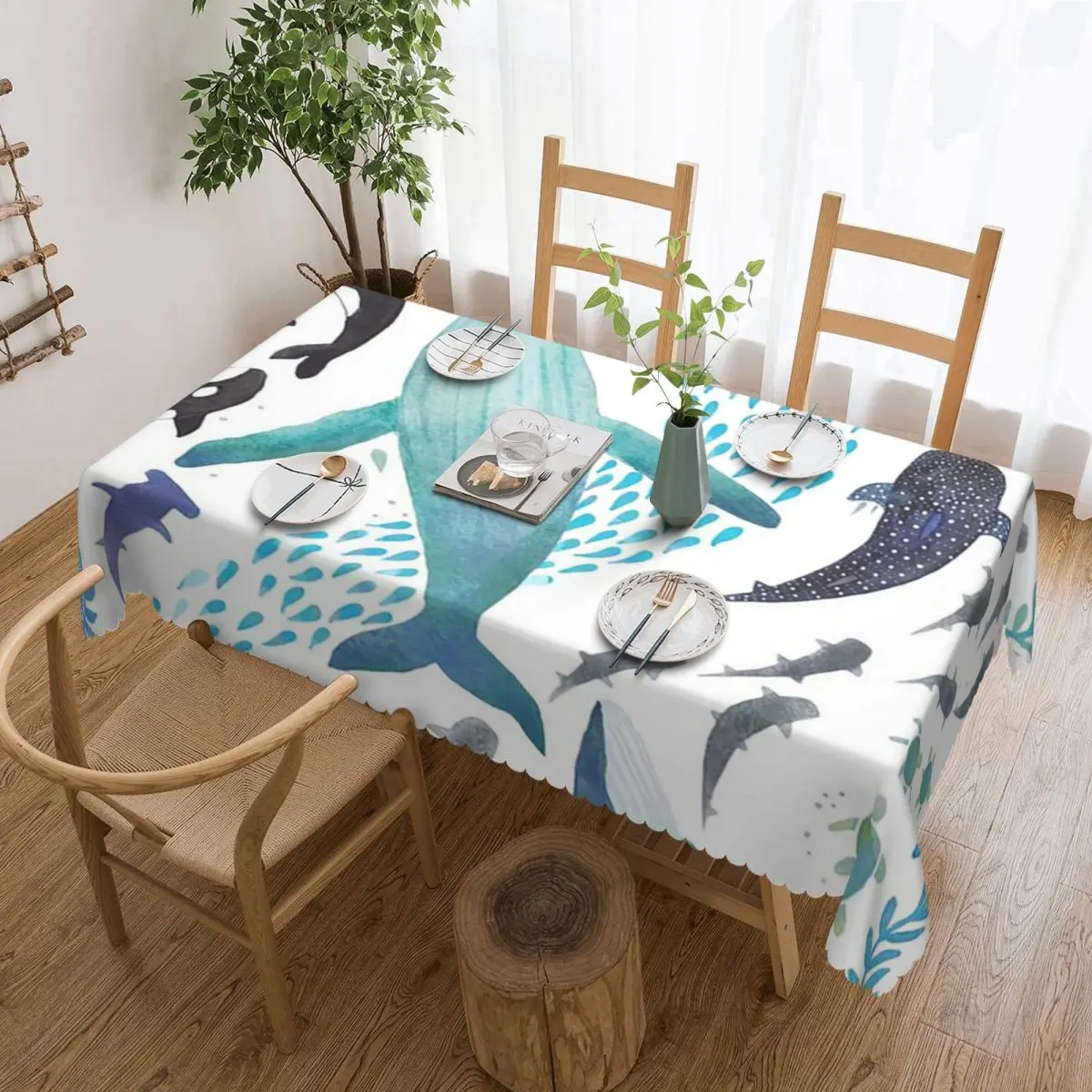 Sharks, Humpback Whales, Orcas And Turtles Ocean Play Rectangular Tablecloth Oilproof Table Cover for Dining Events Table Cloth