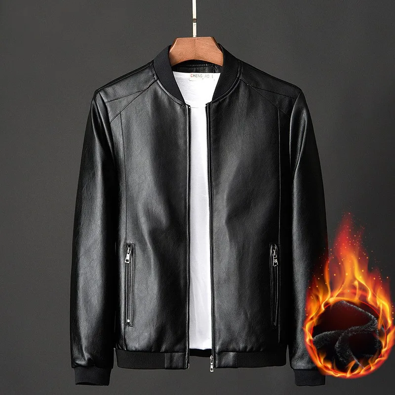 2022 New Autumn Winter Men Leather Jacket Stand Collar Plus Velvet Thick Warm Leather Jacket Men Social Mens Jackets