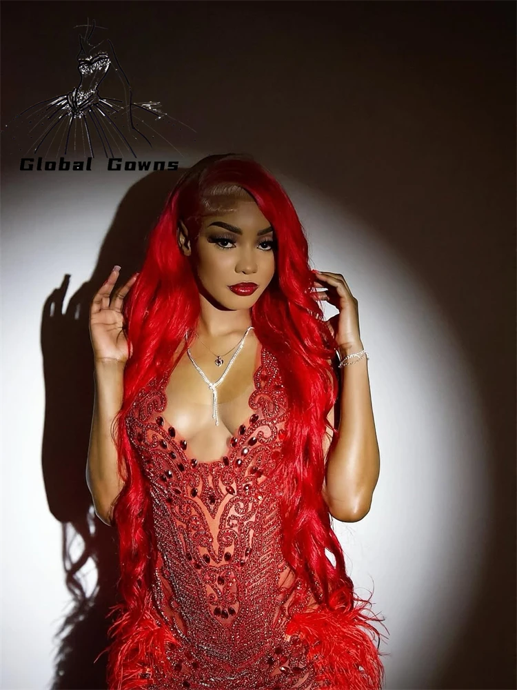 

Sparkly Red Mermaid Short Prom Dress Glitter Bead Crystals Rhinestones Feathers Cocktail Birthday Party Gown Customized