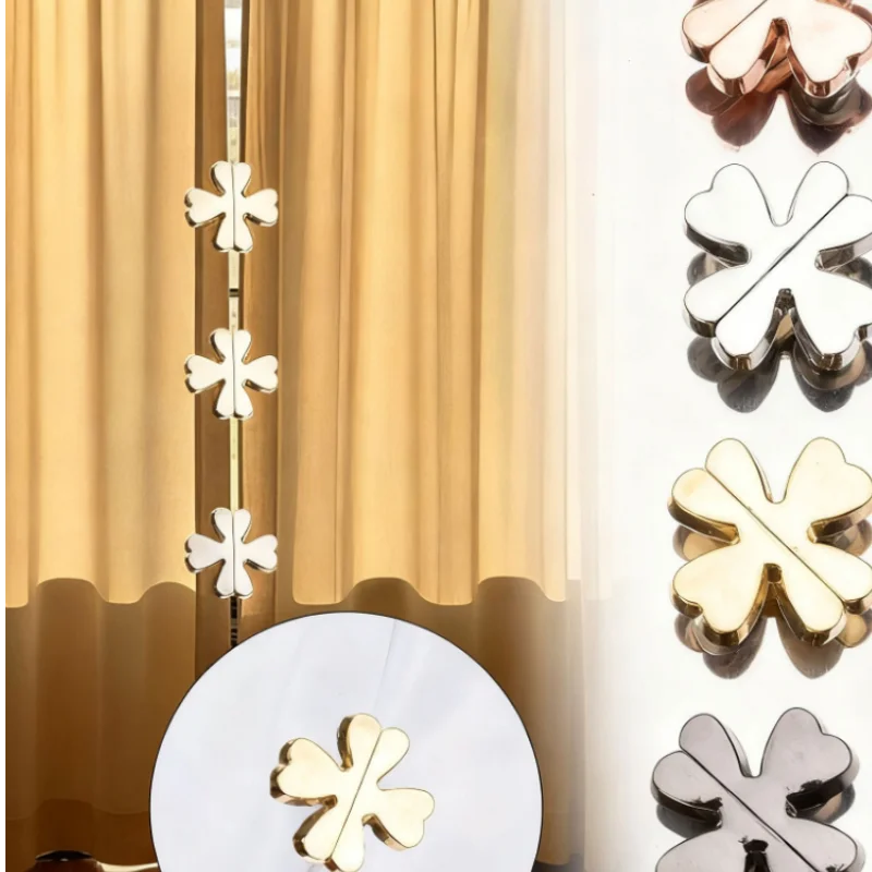 2Pcs No Drill Magnetic Curtain Buckle Four-leaf Clover Light Blocking Curtain Tieback Decorative Clip for Home Bedroom Living Ro