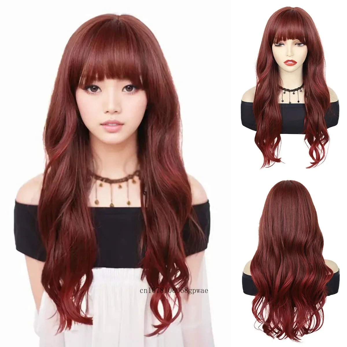 Wig Cosplay keriting Auburn Wig bergelombang panjang sintetis untuk wanita Wig untuk wanita tampak alami pesta kostum suhu tinggi