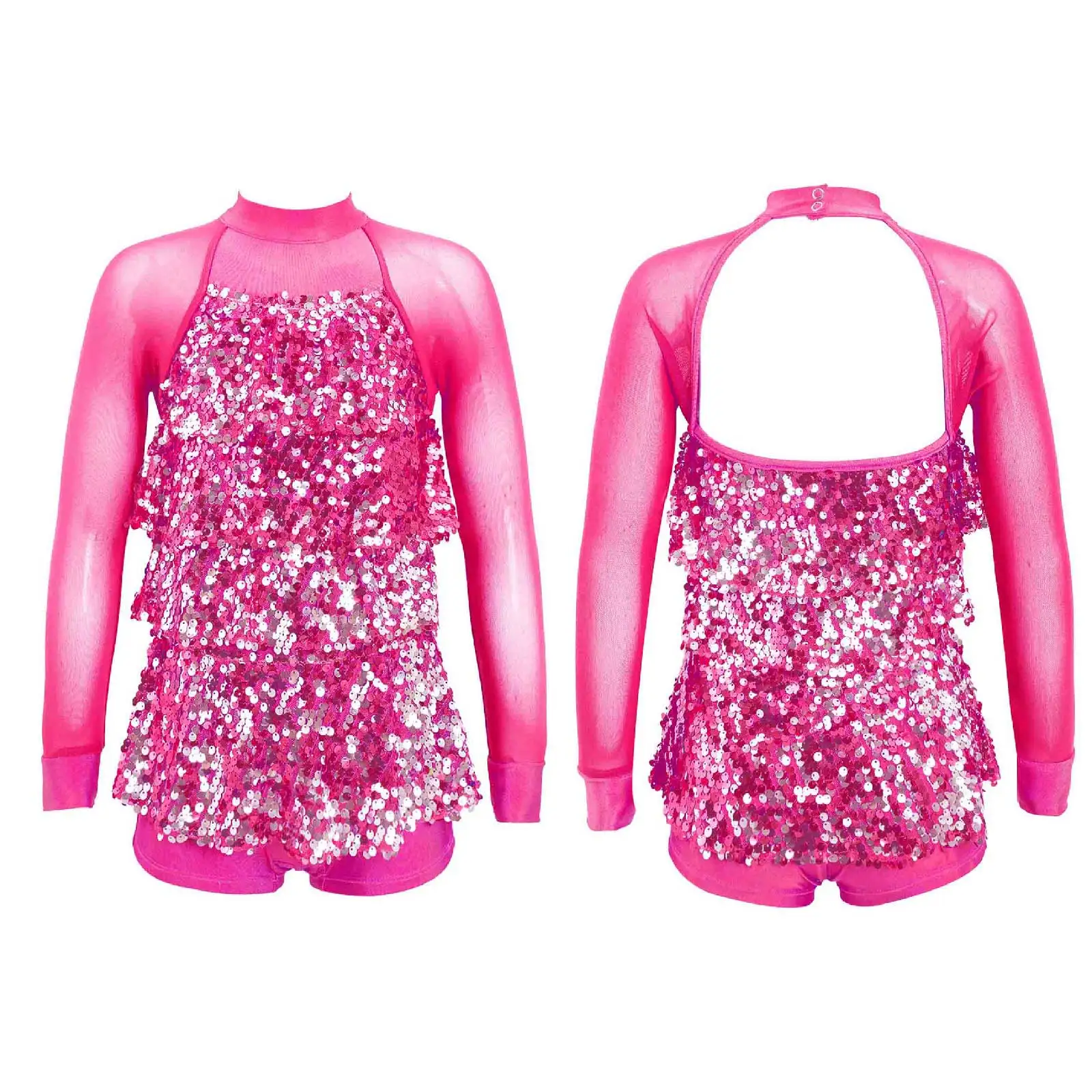 

Shiny Sequins Ballet Leotards Dress Kids Girls Mesh Long Sleeve Round Neck Patchwork Backless Jazz Dance Dress for Performance