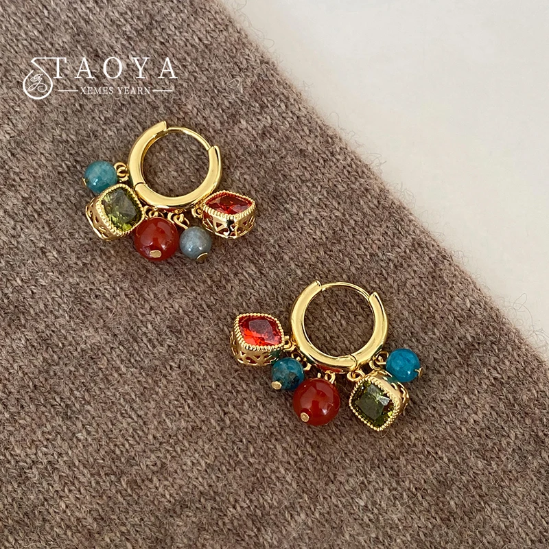 Rot-grüner, kontrastierender, farbiger Stein, quadratischer Anhänger, plattiert mit 18 Karat Gold, Ohrringe, 2026, neuer Schmuck für Damen, trendige Accessoires