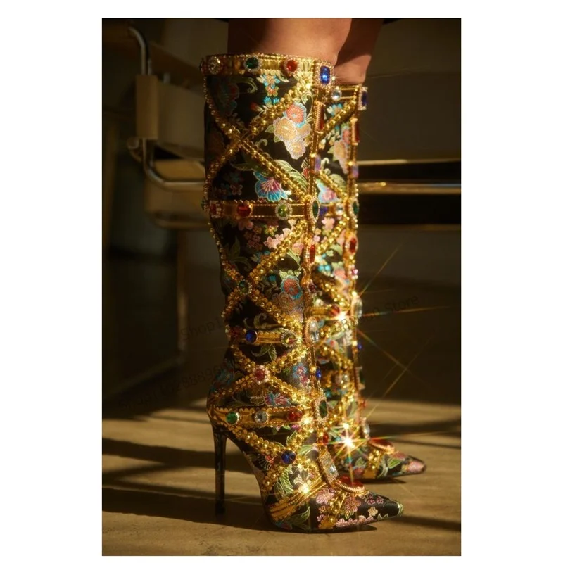 Mixed Color Embroider Crystal Decor Boots Thin High Heel Mid Calf Women Shoes Side Zipper Pointed Toe 2023 Zapatos Para Mujere