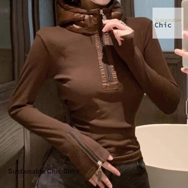 T-shirt à capuche à demi-fermeture éclair pour femme, design de style coréen, niche, mode automne et hiver, chemise slim à manches longues