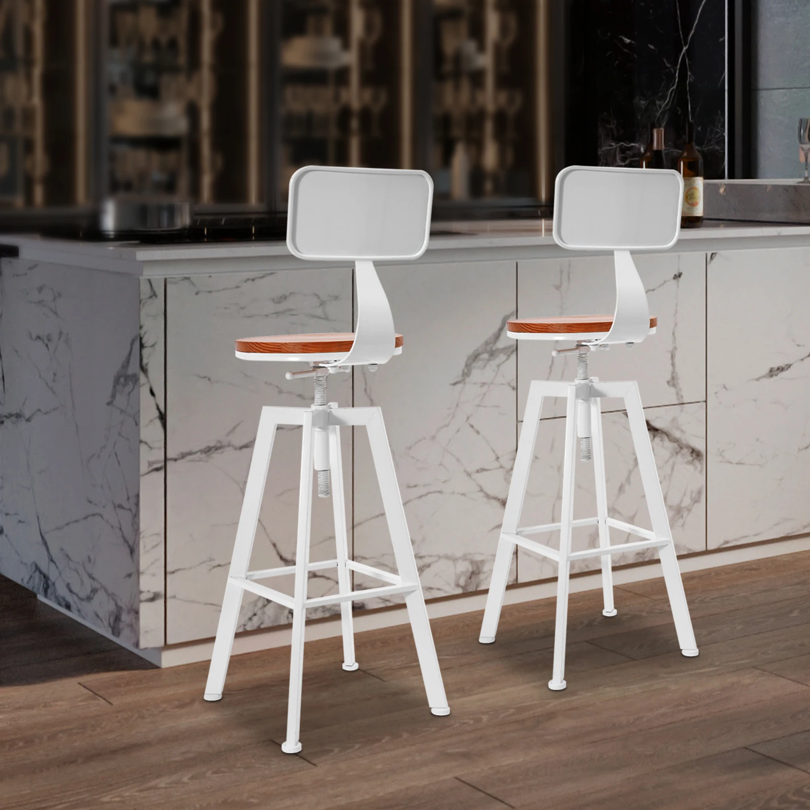 2er-Pack Barstühle aus Schmiedeeisen mit weißen Rückenlehnen für verschiedene Orte wie Bars, Restaurants, Cafés, Höhe 63–83 cm