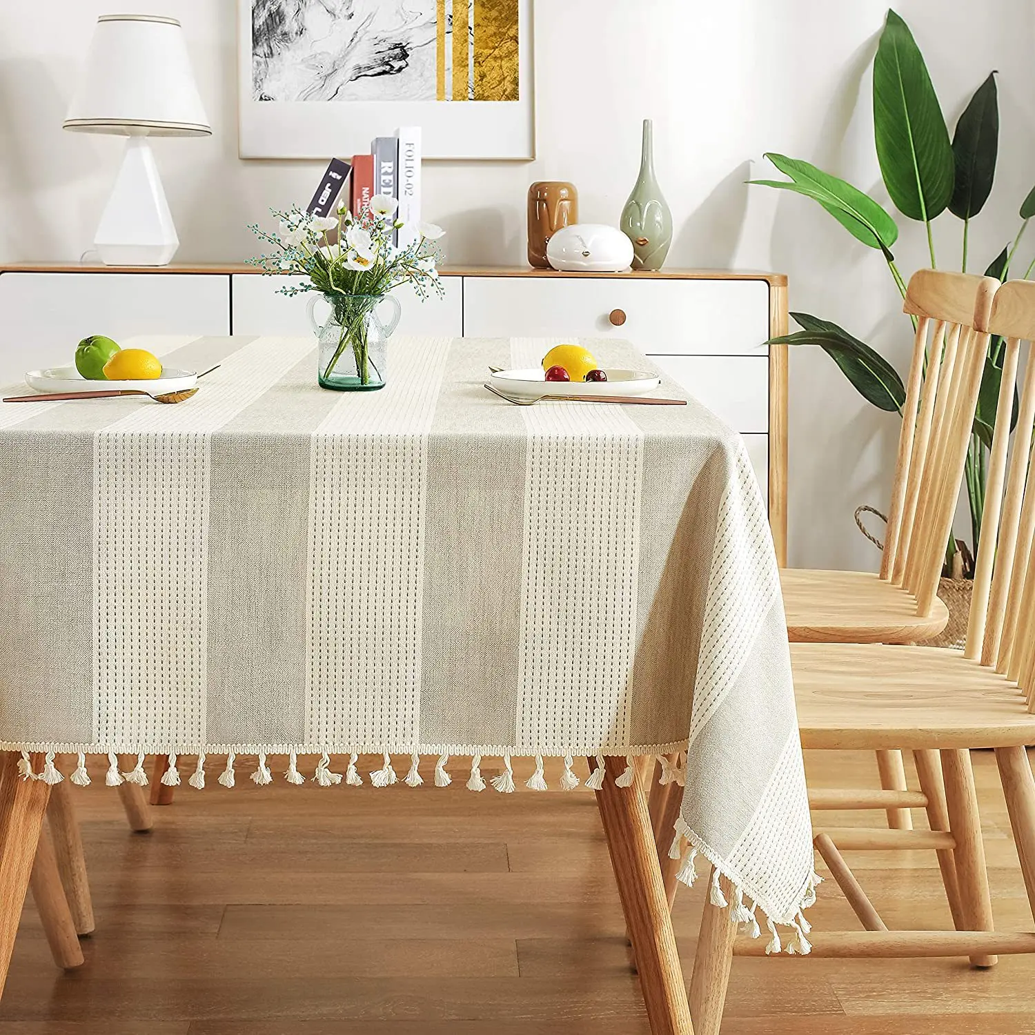 Classic stitched fringe cloth striped table cloth European Station plain cotton linen dust-proof tablecloth Kitchen for Western