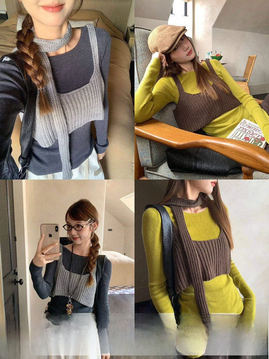

Linyunyun Color Blo Knitted Sweater Vest Thi Yarn Base Top Two Piece Set Casual Slim Fit Long Sve round Ne Top
