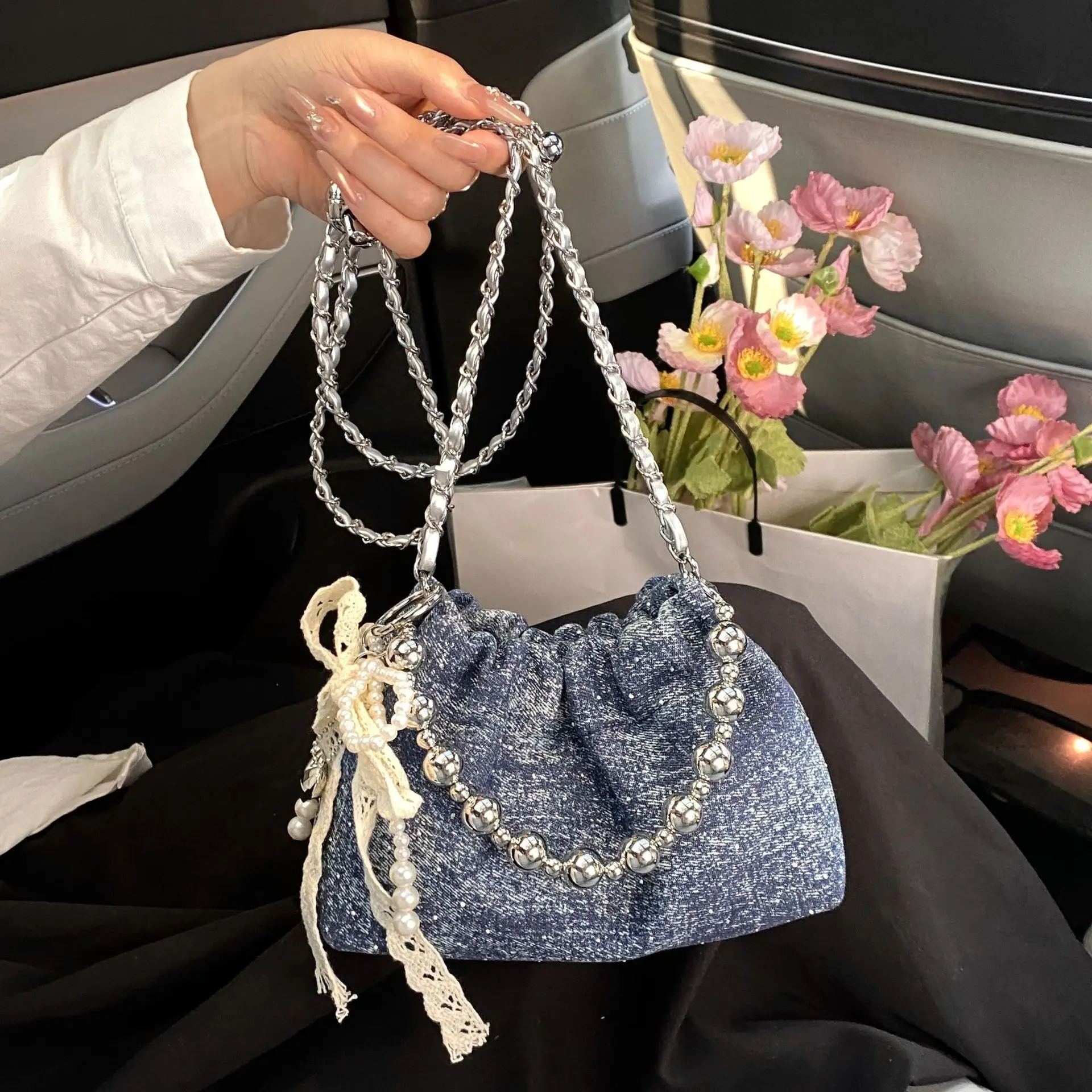 

Summer New Chains Cloud Bags for Women Korean Cute Denim Small Crossbody Bag Female Daily Out Phone Coin Purse