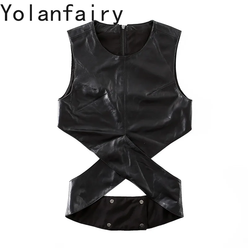 YOLANFAIRY Women Short Sheepskin Vest 2026 Autumn Sleeveless Genuine Leather Waistcoat Round Neck Top Leather Camisole Jacket