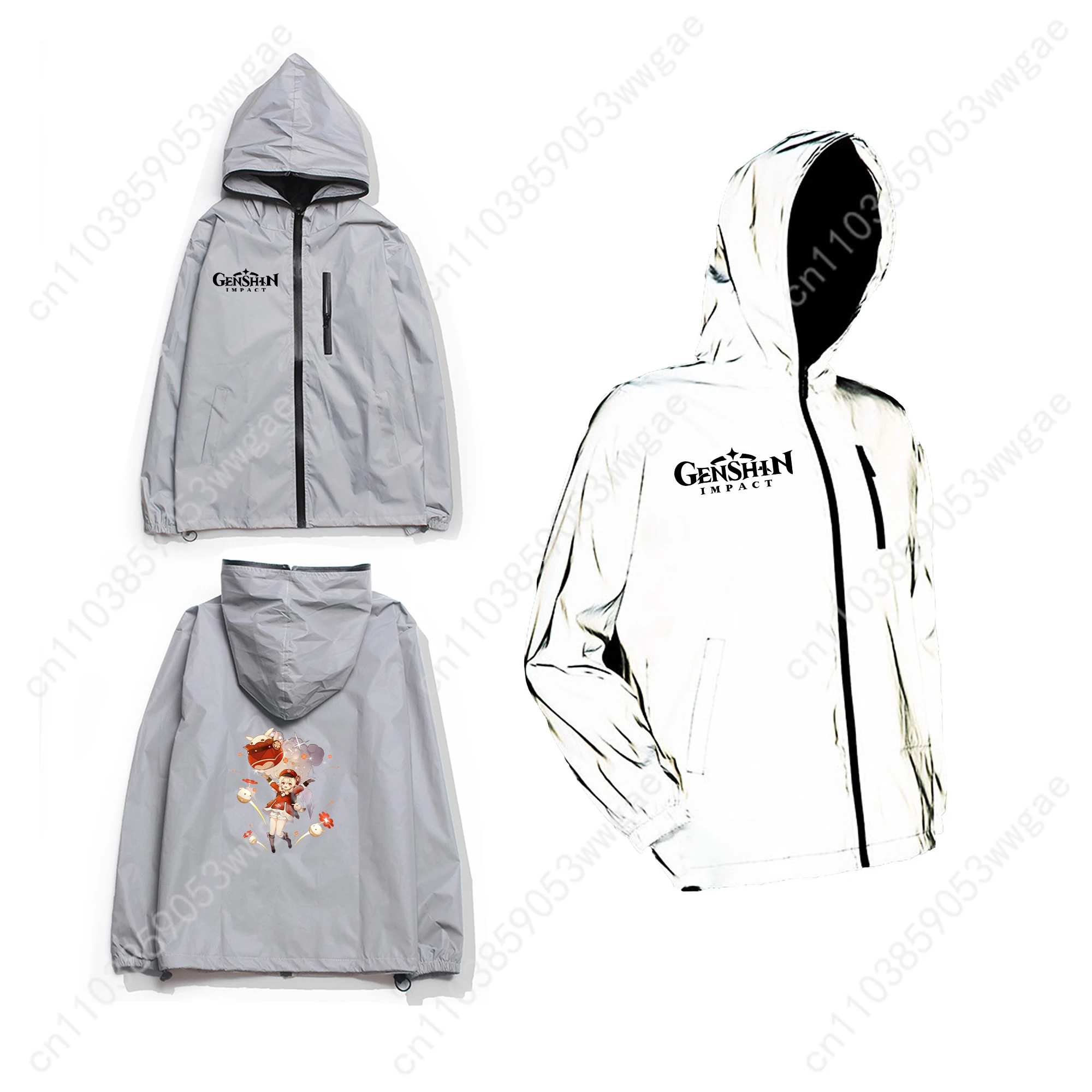 Genshin Klee Reflective Jacket Mens Womens Coat Hooded Windbreaker Run Pocket Jackets Cycling Hiking Zipper Customized Hoodies