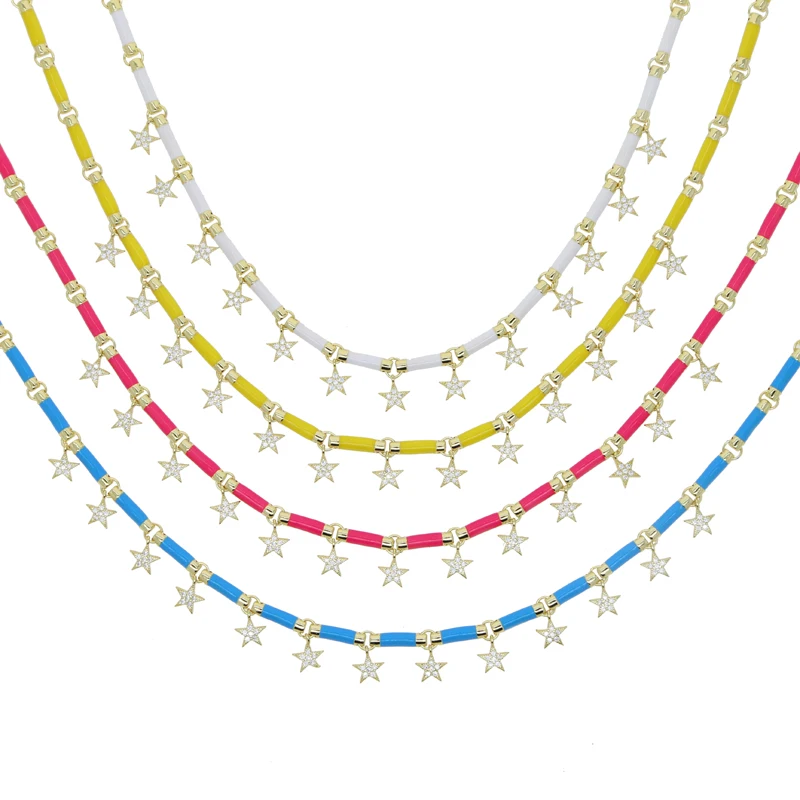 White Pink Yellow Blue Colorful Women Choker Necklace 2022 New Neon Enamel Bar CZ Paved Star Charm 32+10CM Gold Color