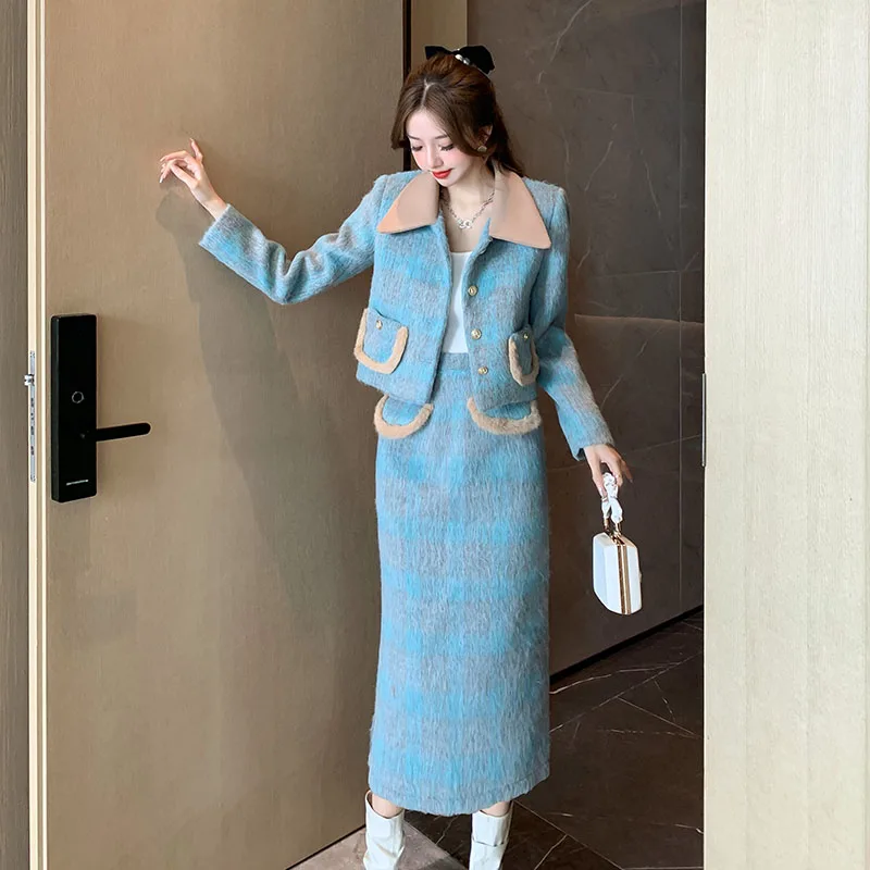 Fall Winter Women Small Fragrance Two Piece Sets Turn-down Collar Blazers Crop Coat And Pencil Skirts High Street Woolen Outfits