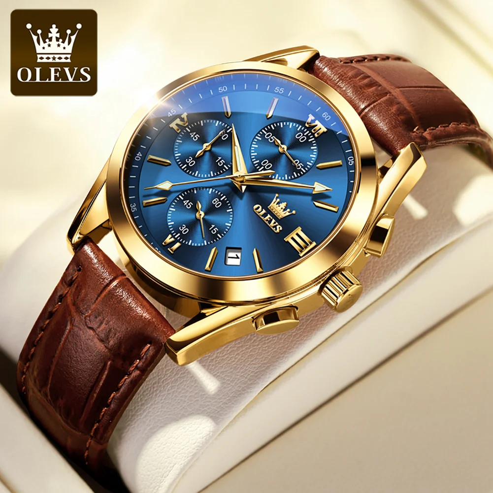 OLEVS 2872 orologio multifunzionale per uomo cinturino in pelle orologio da polso sportivo impermeabile orologio al quarzo originale di marca di