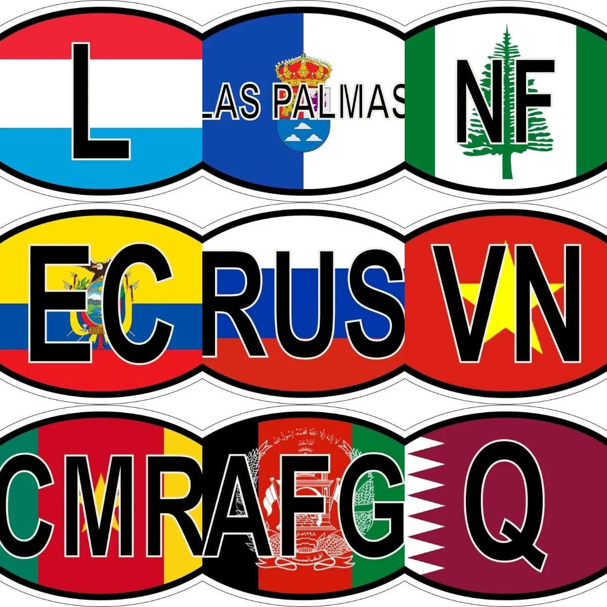 RUS Russia LAS PALMAS EC Ecuador VN Vietnam CMR Cameroon NF AFG Afghanistan L Netherlands Q Qatar National Flag Code Sticker