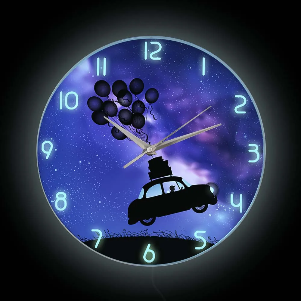 

Retro Car Fying With Balloons Luminous Wall Clock For Kids Room Flight In Dream Fantasy Home Decor Night Light Clock Glow In Dar