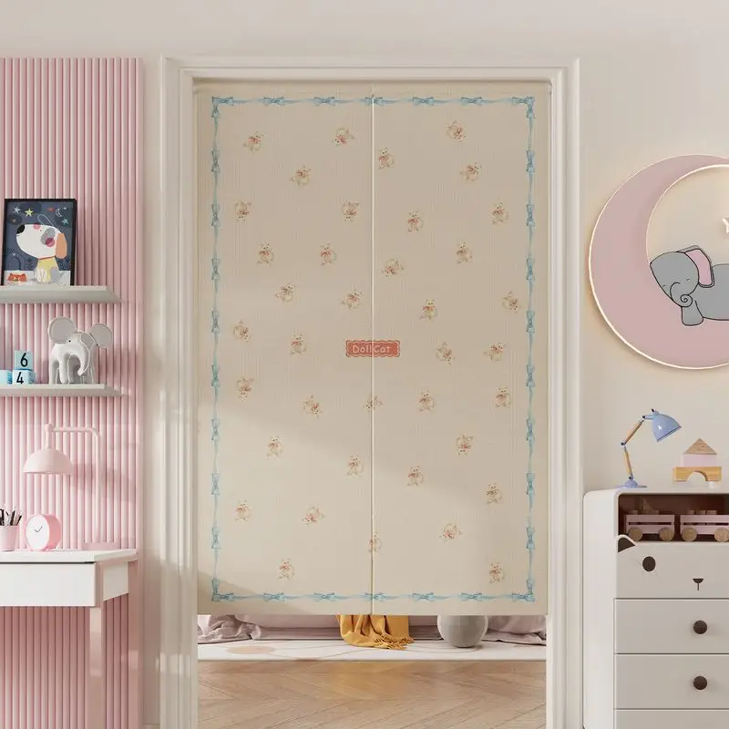VIKAMA Japanese Beige Blue Bow Tiny Floral Noren Doorway Curtain Room Divider Tapestry for Nursery Room Sweet Home Decor