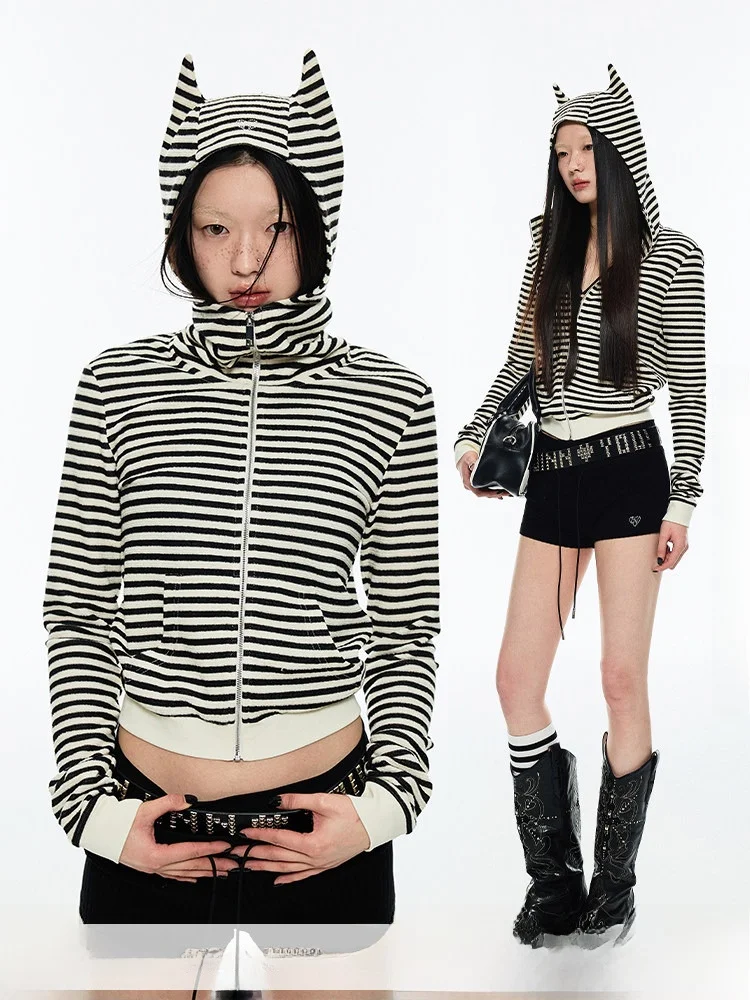 

Sweet Cool Devil Horn Open Cardigan Jaet Medium ort Top by JINN STUDIO Polyester Viscose Spandex Long Sve Hoodie