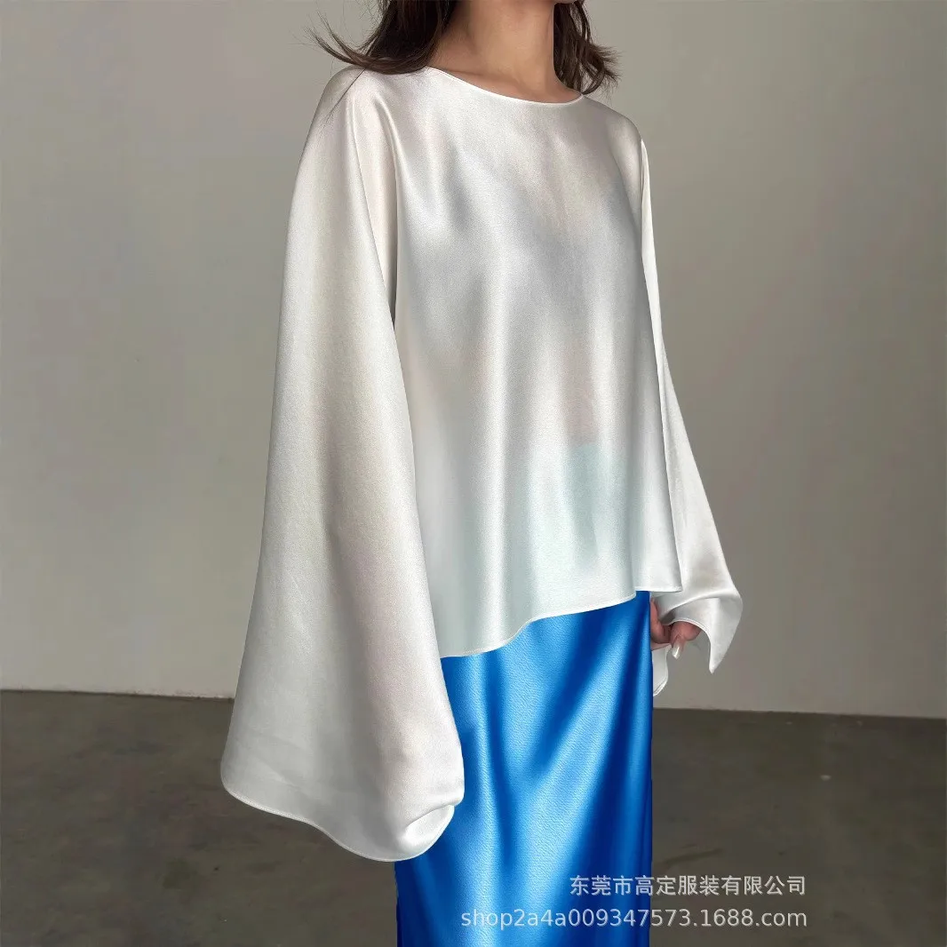 Long Sleeve Bell Sleeve Top Regular Length Private Socialite Style with No Stretch Round Neck Autumn Pullover T Shirts for Women