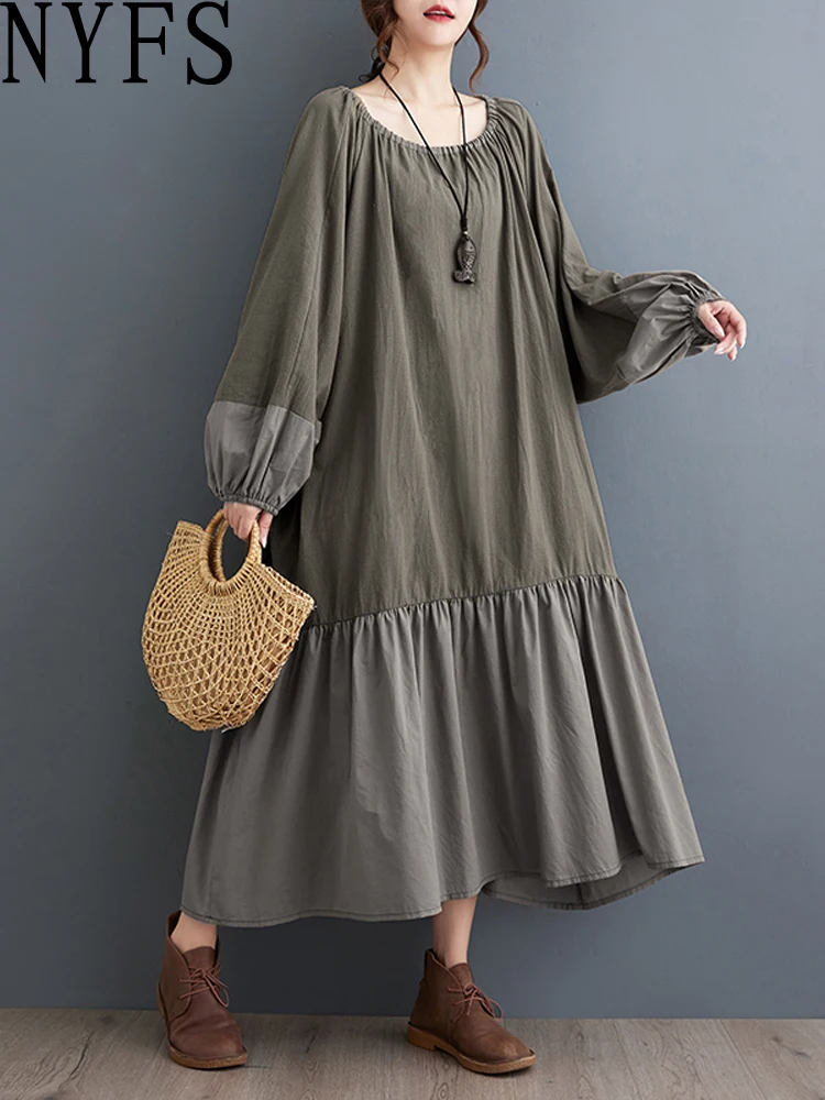 

NYFS 2024 Autumn New Office Lady Women Dress Vestidos Robe Elbise Loose Plus Size Solid Long Sleeve Cotton Linen Long Dresses