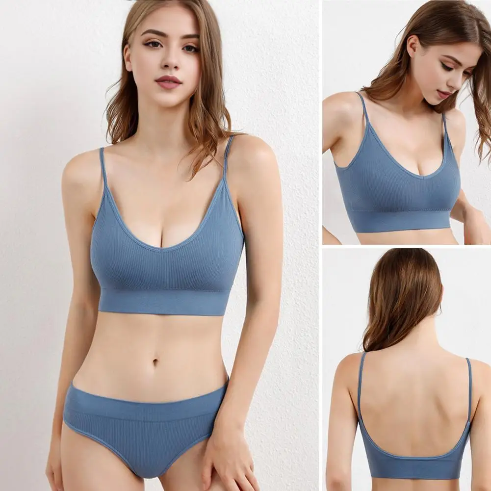 Supportive Bra Wireless Push-up Sport Bra Panties Set for Women Elastic Shoulder Strap Vest Type Underwear with Stretchy Thread