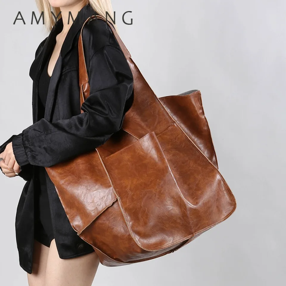 

Retro Super Big Shoulder Bag Female Luxury Solid Color Hand Bags For Women Large Capacity Soft Oil Leather Casual Tote Bag Sac