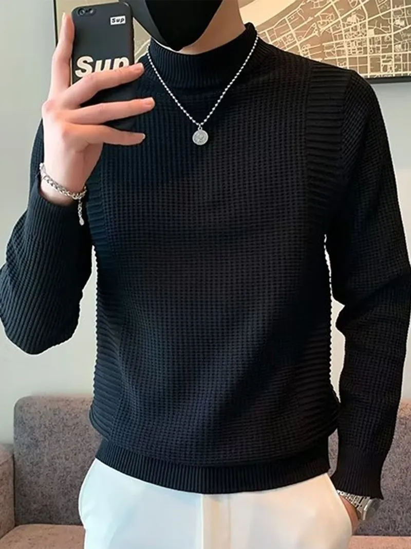 

Autumn Winter f High Collar Men's Knitted Sweater Medium Collar Pullover Faionable Warm Inner Wear Youth Active Sle Lo...