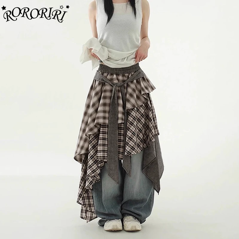 

RORORIRI Коричневая юбка с неровным подолом, многослойные рюши, трапециевидной формы в стиле пэчворк, клетчатые юбки длиной до колена, свободный праздничный дорожный наряд