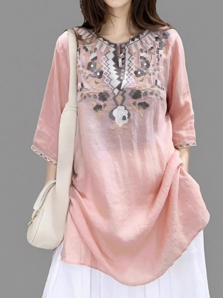 

Elegant Embroidered Linen Shirt Dress Women Summer Casual Loose Fit Mid-Sleeve Midi Length Back Covering Fashionable Top