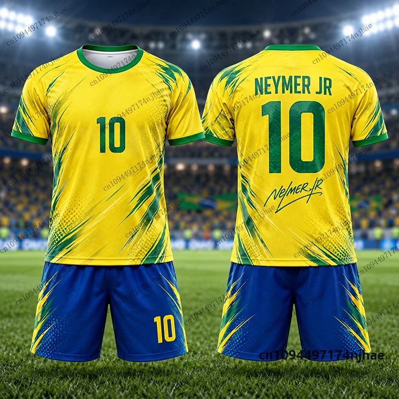 2-teiliges Set Kinder-Trainingsanzug Brasilien Fans Neymar # 10 bedruckte T-Shirt- und Shorts-Sets, Fußballtrikot-Set, Sportbekleidung für Kinder/Erwachsene – Detail 4