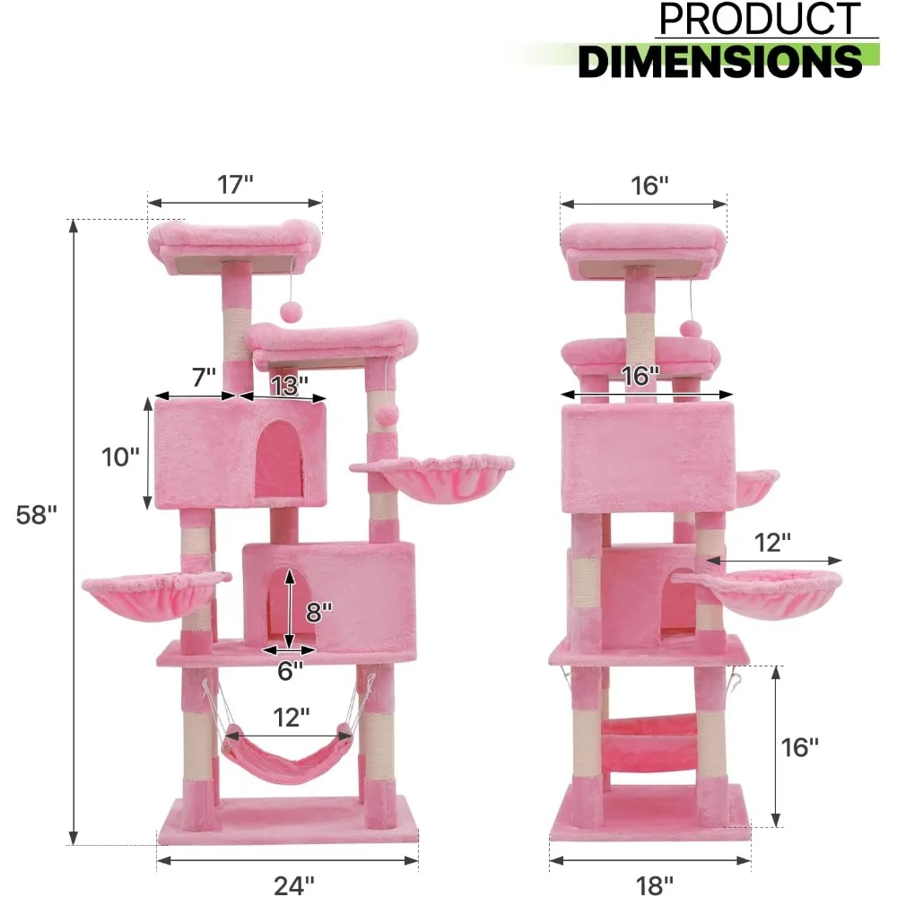 58 дюймовое дерево с когтеточкой, башня для скалолазания на дереве, дерево с кошачьим кондо и гамак, кошачье дерево для домашних кошек