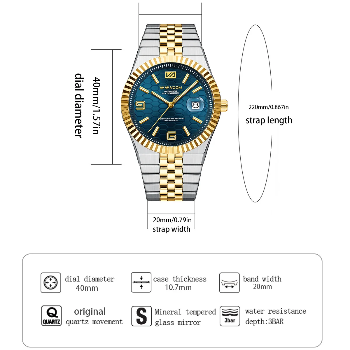 Watch for Men Stainless Steel Business Style 40mm Quartz Movement 3Bar Waterproof Clock Fashion Honeycomb Calendar Wristwatches