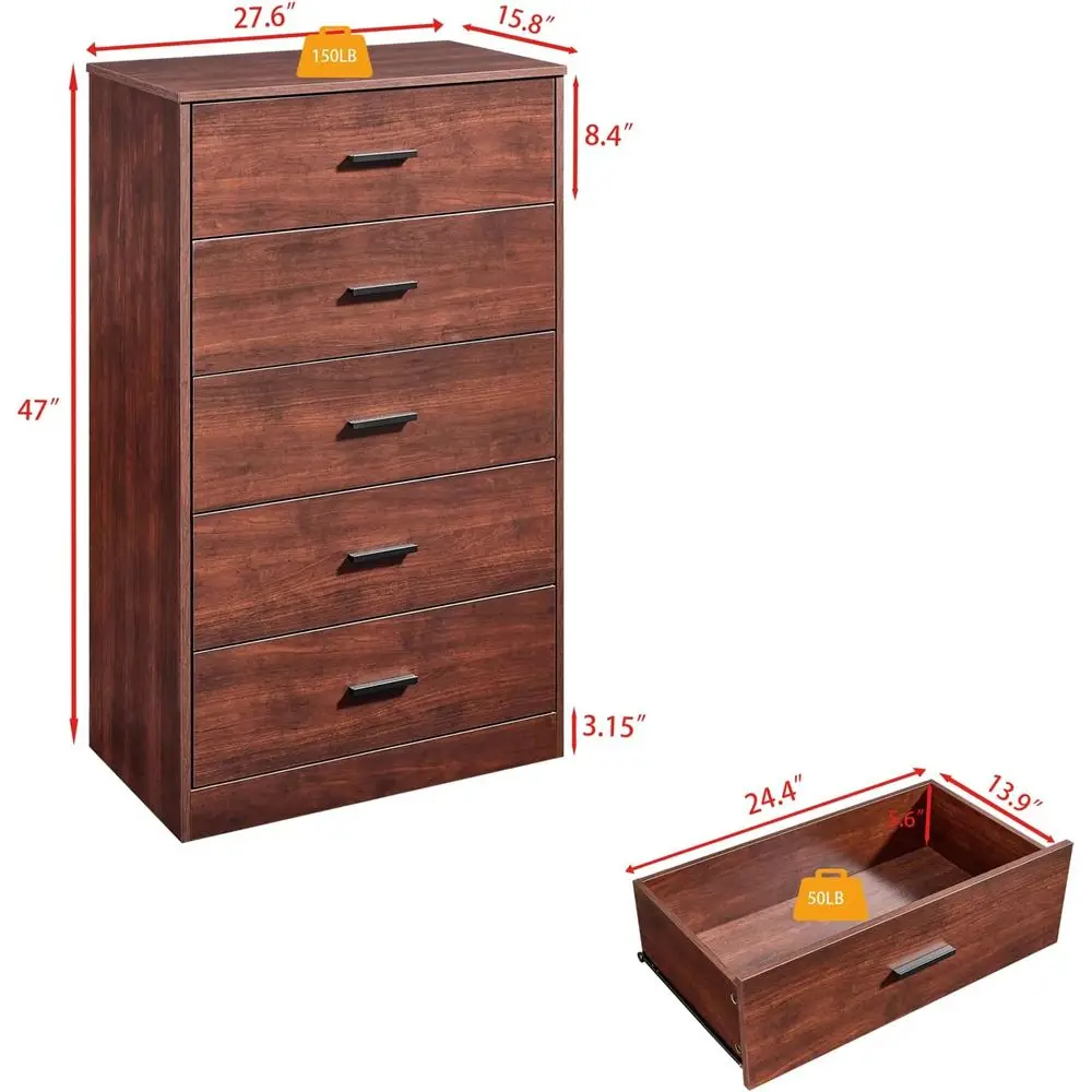 DAFIFY 5段引き出し付きモダン木製チェスト 寝室、廊下、リビングルーム用、高さ47インチ