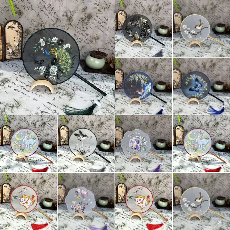 1Pcs Double‑Sided Chinese Style Embroidery Round Hand Fan Vintage Palace Fan for Dance Performance Wedding Party Gift Home Decor