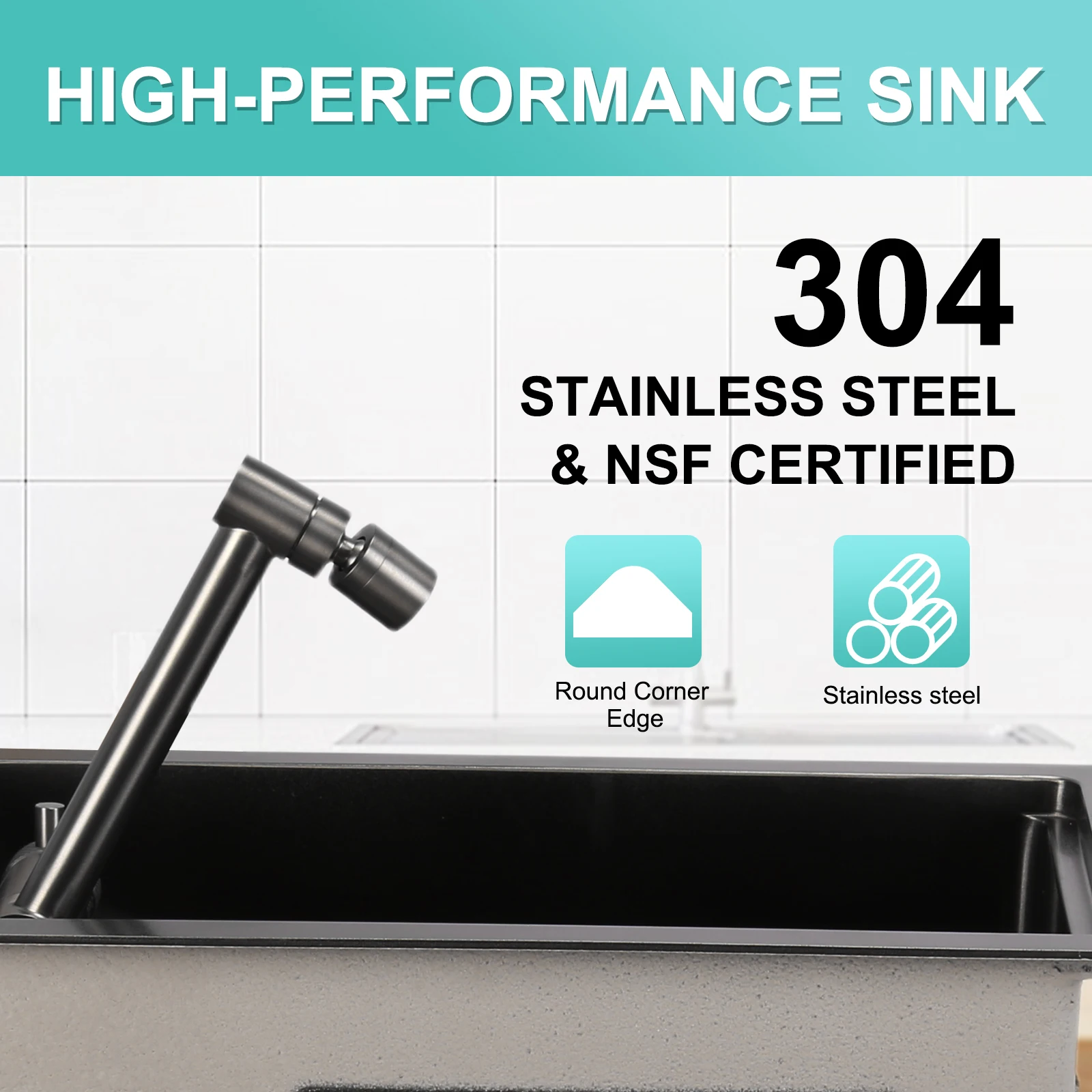 

16.9 X 9.8 X 8.7 Inch Single Bowl Kitchen Sink Undermount Workstation Sink with Faucet 304 Stainless Steel for Home & Apartment